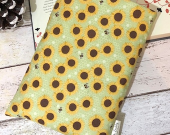 Green Sunflower Bees Book Sleeve, Nature Book Buddy, Garden Reading Gift, Choose your Size Book Buddy, Padded Book Bag, Bookish Accessories