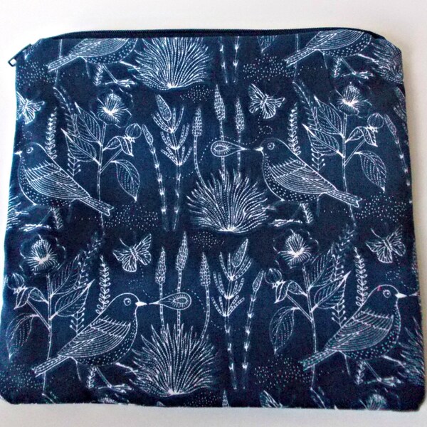 Large Makeup Bag, Cosmetic Bag, Handmade Zip Pouch - Navy Blue Birds, Polka Dots. 100% cotton, Fully Lined