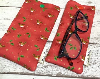 Étui à lunettes Red Robin, taille mince ou large, pochette de lunettes de soleil Holly festive, sac de spécifications souples, cadeau pour elle, remplissage de bas de Noël