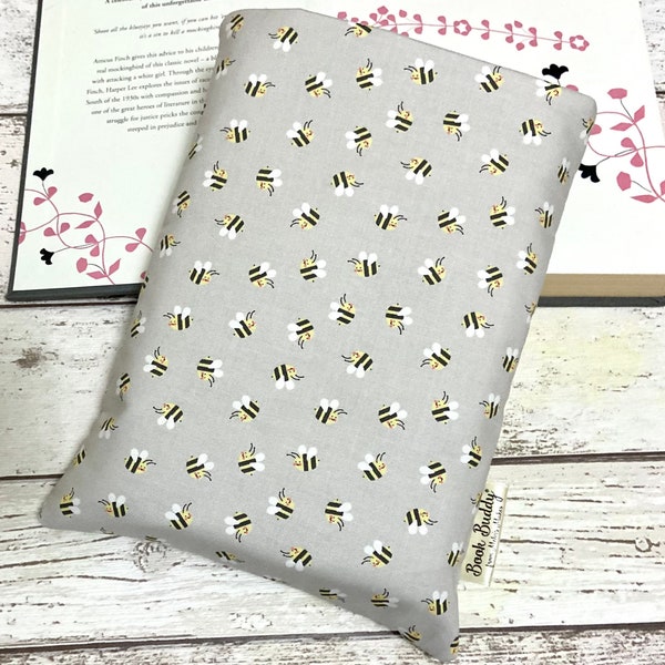 Natural Bees Book Buddy, Neutral Book Cover, Unisex Book Gift, Choose your Size Book Sleeve, Padded Book Bag, Nature Bookish Accessories