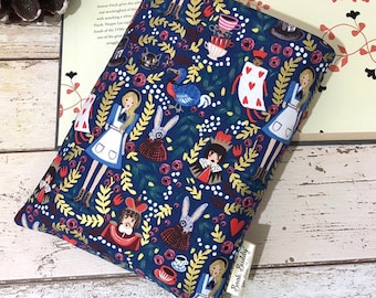 Metallic Alice Book Buddy®, Custom Size Book Sleeve, Book Gift for Her, Navy Wonderland Book Bag, Padded Book Pouch, Gifts for Bookworms