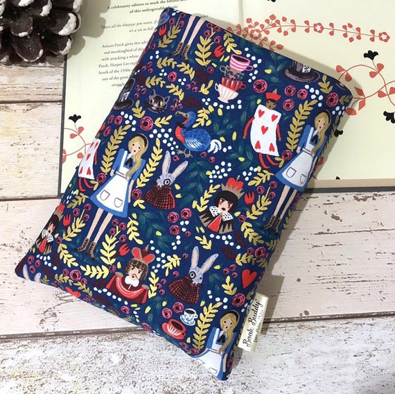 Metallic Alice Book Buddy®, Custom Size Book Sleeve, Book Gift for Her, Navy Wonderland Book Bag, Padded Book Pouch, Gifts for Bookworms