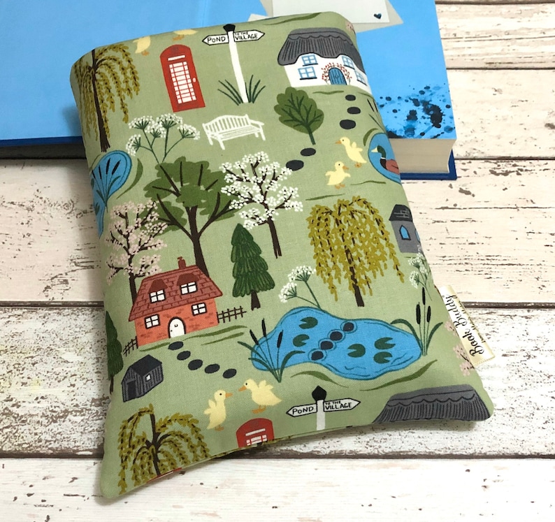 Country Village Book Buddy, Spring Book Cover, Book Lover Gift, British Countryside Book Sleeve, Paperback Pouch, Pond Book Cover image 2