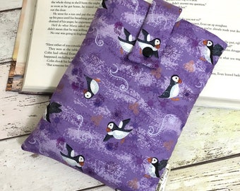 Purple Puffins Book Buddy, Paperback Hardback Book Sleeve, Bookish Reader Gift, Bookstagram Accessories, Padded Book Pouch, Puffins Book Bag