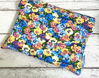 Pansy Book Buddy Clutch, Spring Pansies Book Cover, Garden Reader, Mothers Day Gift, Book Lover Sleeve, Nature Book Pouch, Floral Book Bag