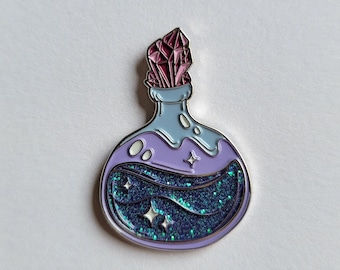 Magical Kawaii Witchy Potion Bottle Glitter Enamel Pin Rubber Backing