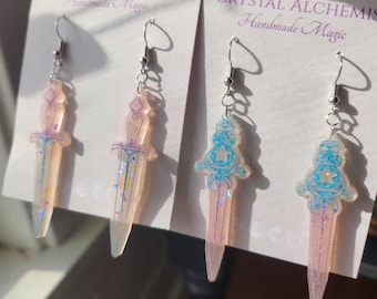 Kawaii Crystal Shimmer Sword Dagger Sparkle Dangle Earrings
