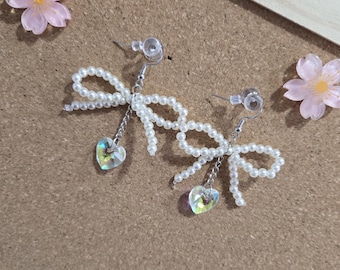 Pearl Bow Heart Crystal Kawaii Earrings