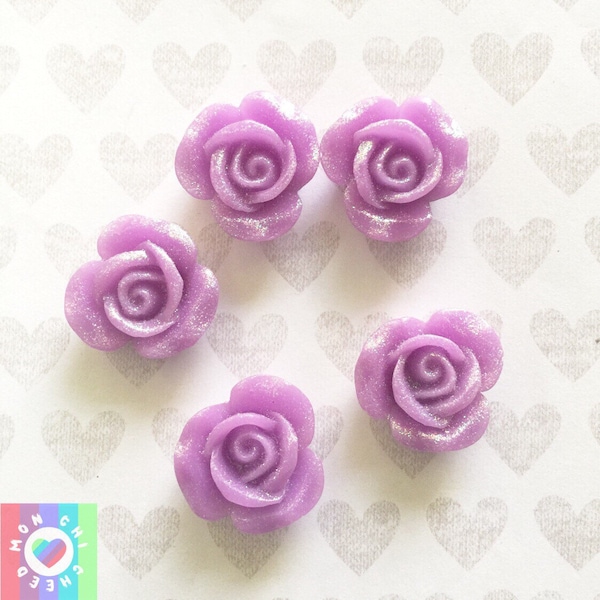 Purple Glitter Flower Resin Cabochons- 5 pcs 22mm