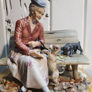 Capodimonte Porcelain Sandro Maggioni Old Lady on Bench With Dogs