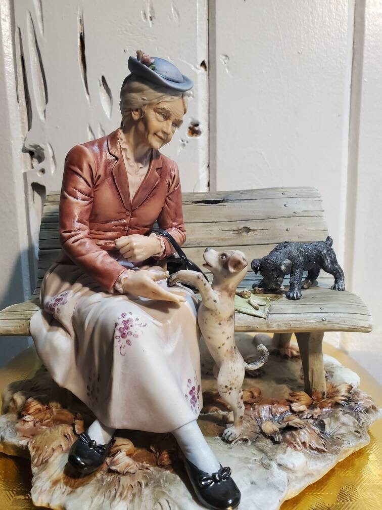 Capodimonte Porcelain Sandro Maggioni Old Lady on Bench with dogs