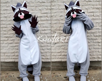 Wild Raccoon Custom made Kigurumi / Hooded fleece one-piece Pajama / Unisex Adult Costume / Warm and Comfy wear I Festive clothing