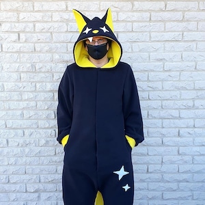 Black Cat Kigurumi - customized handmade hooded fleece Pajama, warm jumpsuit baggy plus size overall, unisex adult costume - Sparkle Cat