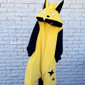Yellow Cat Kigurumi - customized handmade hooded fleece pajama, warm jumpsuit baggy plus size overall, unisex adult costume - Sparkle Cat