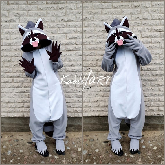 Wild Raccoon Custom Made Kigurumi / Hooded Fleece One-piece Pajama / Unisex  Adult Costume / Warm and Comfy Wear I Festive Clothing 