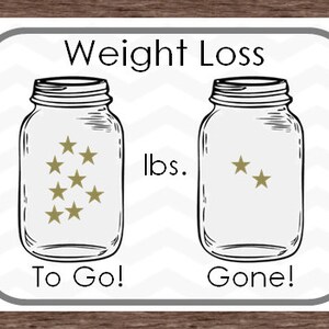 Könnte beinhalten: Ein Schild mit den Worten "Weight Loss" über zwei Einmachgläsern. Das linke Glas hat acht goldene Sterne und den Text "To Go!". Das rechte Glas hat zwei goldene Sterne und den Text "Gone!".
