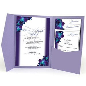 D&E Blue Orchid Wedding Invitation Digital Set for 5x7 Pocket Folder, Invitations and 3 tiered enclosures including response and 2 envelopes
