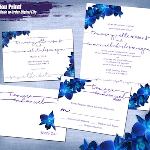 Printable Custom Blue Orchid Elegance Wedding Invitation Set, Digital Blue Orchid Elegance Invitation, Save the Date, Response, thank