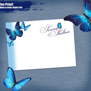 S&S Blue Butterfly Wedding Note Card Digital, Purple monogram and blue butterflies