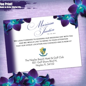 M&J Custom Blue Orchid Wedding Venue Change Enclosure Card Digital, Purple Orchid enclosure card, Change of Venue card, change date card