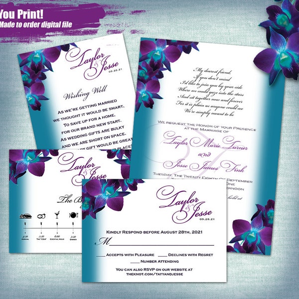 T&J Teal Border and Fuschia Orchid Wedding Invitation 4pc Digital Set, Printable Invitation, Response, Well Wishing and Ceremony Cards