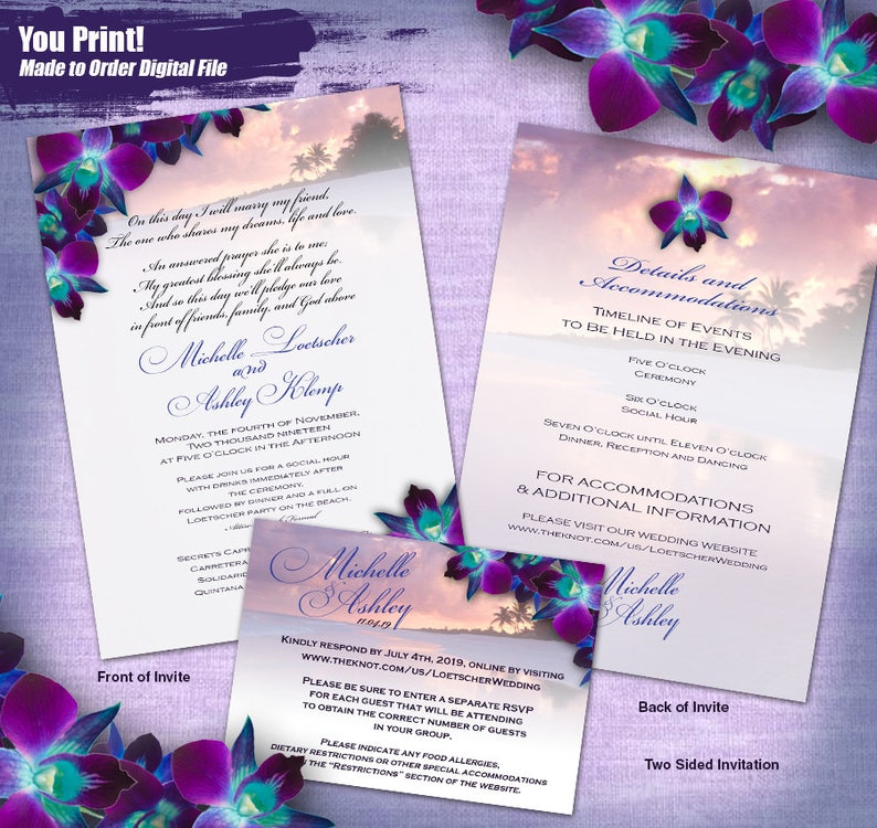 M A Purple Orchid Beach Wedding Invitation Set Digital Etsy