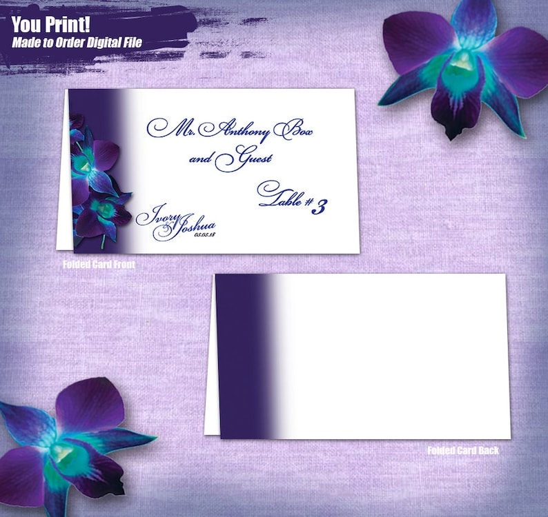 Guest Names and Table numbers included on Printable Customized Blue Orchid Wedding Escort Cards Escort Cards Seating Cards Printable