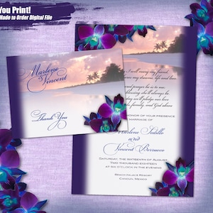 Purple Orchid Beach Wedding Invitation Set Digital, Printable Wedding Invitation Suite, Printable Invitation Set