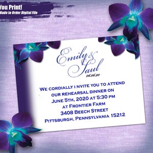 E&S Custom Blue Orchid Wedding Rehearsal Dinner Enclosure Card Digital, Purple Orchid rehearsal dinner card