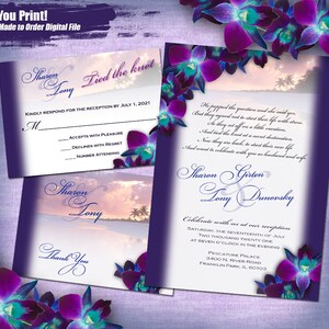 S&T Purple Orchid Beach Wedding Invitation Set Digital, Printable Wedding Invitation Suite, Purple Orchid Invitation Printable, DIY Invites