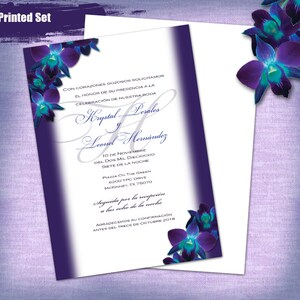 K&L Custom 2pc Spanish Blue Orchid Printed Invitation set: Invite with Unprinted Envelope