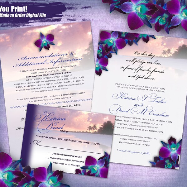 K&D Purple Orchid Beach Wedding Invitation Set Digital, Printable Wedding Invitation Suite, Purple Orchid Invitation Printable, DIY Invites