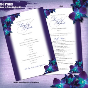 T&R Custom Blue Orchid Menu, Menu imprimable / Cartes de réception, Menu numérique avec texte personnalisé, Programme de réception, Menu de mariage, Menu d’événement