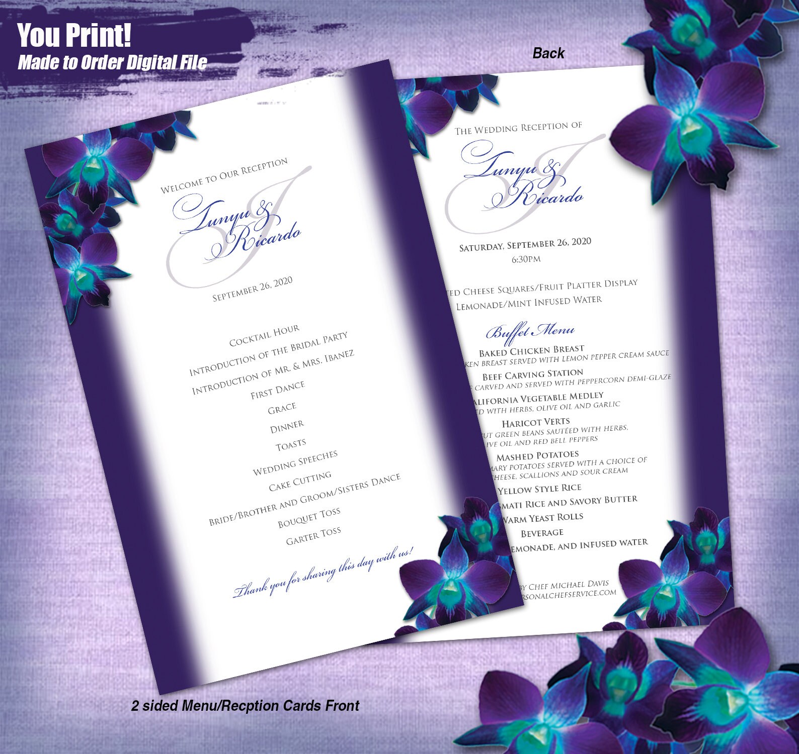 T&R Custom Blue Orchid Menu, Printable Menu/reception Cards, Digital