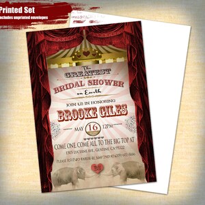 May include: A red and gold circus themed bridal shower invitation with the text "The Greatest Bridal Shower on Earth" and "Brooke Giles". The invitation includes the date "May 16, 2020" and the time "12PM".