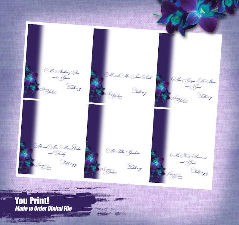 Guest Names and Table numbers included on Printable Customized Blue Orchid Wedding Escort Cards Escort Cards Seating Cards Printable