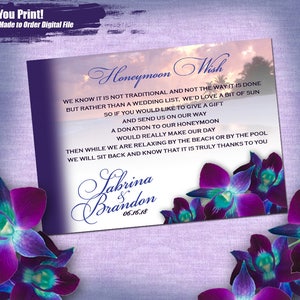 Printable Purple Orchid Beach Sunset Enclosure Card Digital, Purple Orchid enclosure card you print
