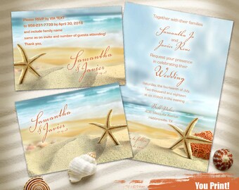 Starfish Coral Beach Custom Vertical Wedding Digital Invitation Set, Printable Wedding Invitation Suite, Printable Invitation Set