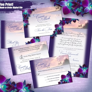 C&M Purple Orchid Beach Wedding Invitation Printable 5pc Set, Wedding Invitation Suite, Purple Orchid Beach Invitation Printable