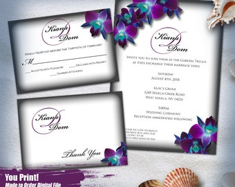K&D Purple Orchid Wedding Invitation 3pc Digital Set, Printable Invitation, Response and Thank You Note, Printaable Invitation Suite