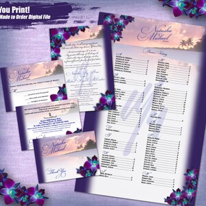 N&M Custom Purple Orchid Beach Printable 5pc set,  Seating Chart, Invitation, Response card, Accommodations Card and Thank You Note