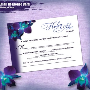 Blue Orchid Printable Wedding Response Card Digital, Online response card, fillable response card, Respond by email card, Email respond