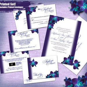 S&A Custom Blue Orchid Printed 8pc Invite Package 75 Sets: Invites, RSVP, Reception, Accommodation/Registry, Thank You and Printed Envelopes