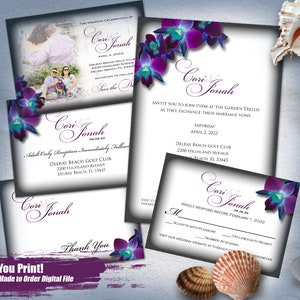 C&J Purple Orchid Black Border Wedding Invitation Printable 5pc Set, Wedding Invitation Suite, Purple Orchid Invitation Printable Set