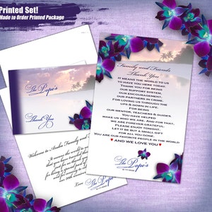 ThePopes Custom Lila Orchidee Strand Bedruckt 3stk Set, 35 Sets mit 2 beigem Danke/ungedrucktem Umschlag und Einsteckkarte Familie & Freunde 4x6"