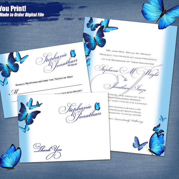 Blue Butterflies Wedding Invitation Set Digital, Printable Wedding Invitation Set, Butterfly Invitation Printable, Printable Invitations