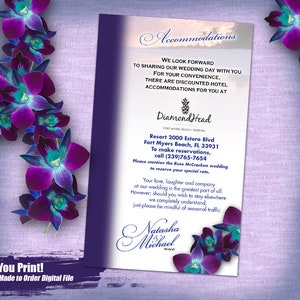 Printable Wedding Accommodations Card, Purple Orchid Beach Wedding Hotel Card, Purple Orchid Accommodations Card, Printable Enclosure Card