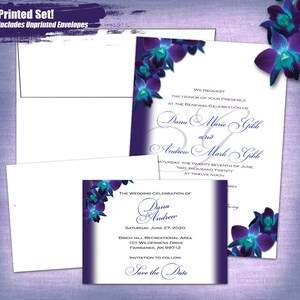 Conjunto de convites impressos D&A Blue Orchid, conjunto finalizado de 55 unidades: convites e envelopes não impressos com cartões para salvar a data e envelopes não impressos