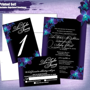 L&J Blue Orchid on Black Printed Invitation Set, 100pc finished set: Invites and Respond with Unprinted Envelopes and FREE Table Numbers