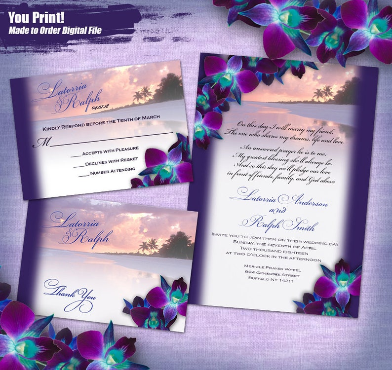 Purple Orchid Beach Wedding Invitation Set Digital Printable Etsy